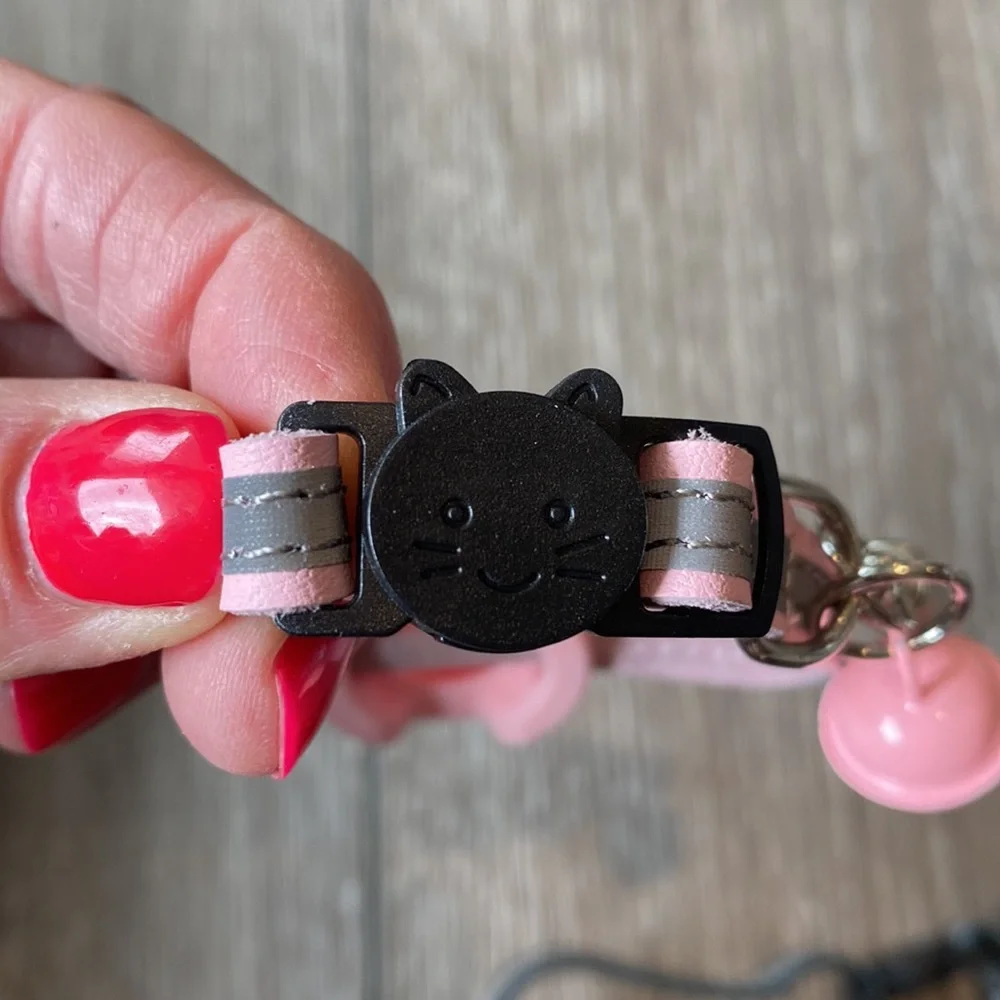NEW! BUNDLE Two Cat Collars Leather AirTags Reflective Bell ID Pink Black 8”-14”